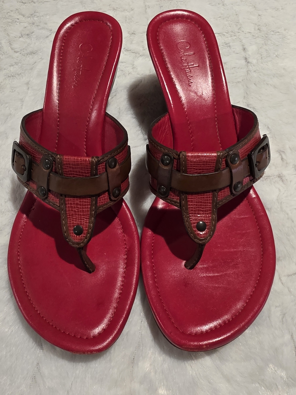 Cole Haan Red Thong Sandals with Brown Accent Straps and Stud Details
